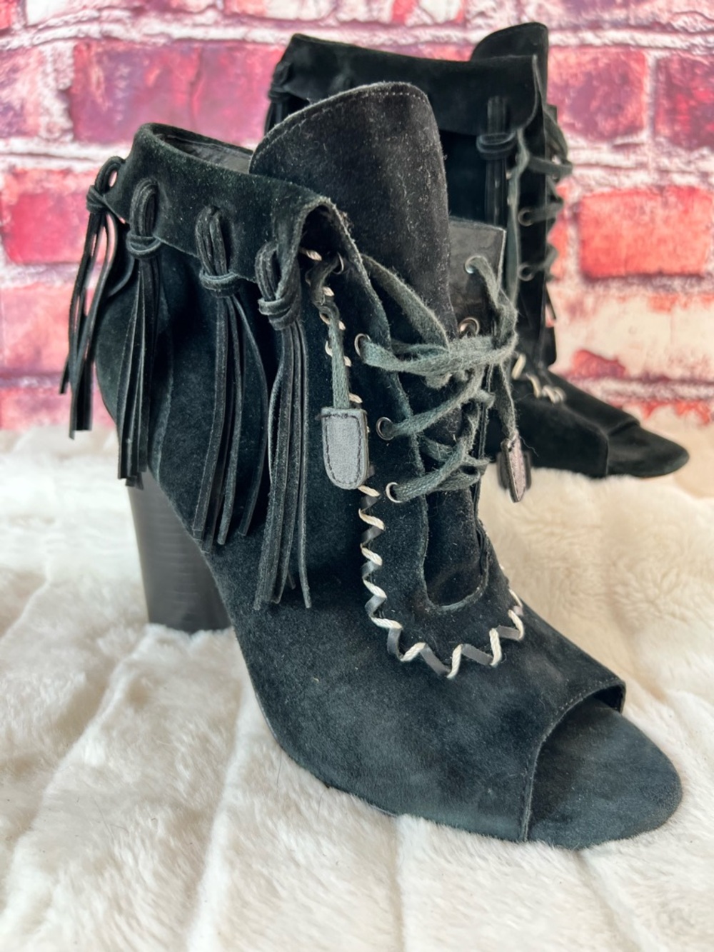 Cynthia Vincent “Nailed” Black Suede Fringe Peep-Toe Booties